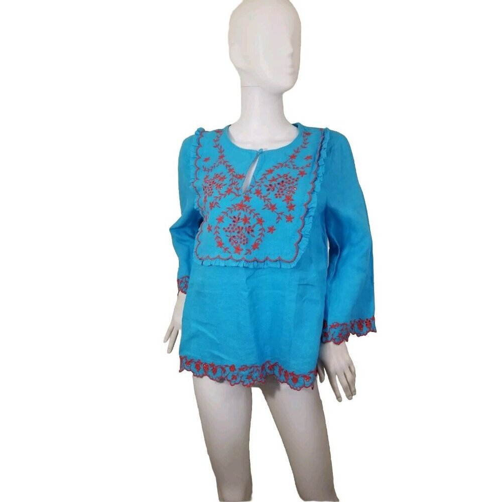 J. Crew Women's Size S Tunic Blouse Top Blue Embroidered Linen Relaxed Fit 30